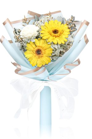 Mini Preserved Sunflower Bouquet - Bright Yellow & White (Blue Wrapper)